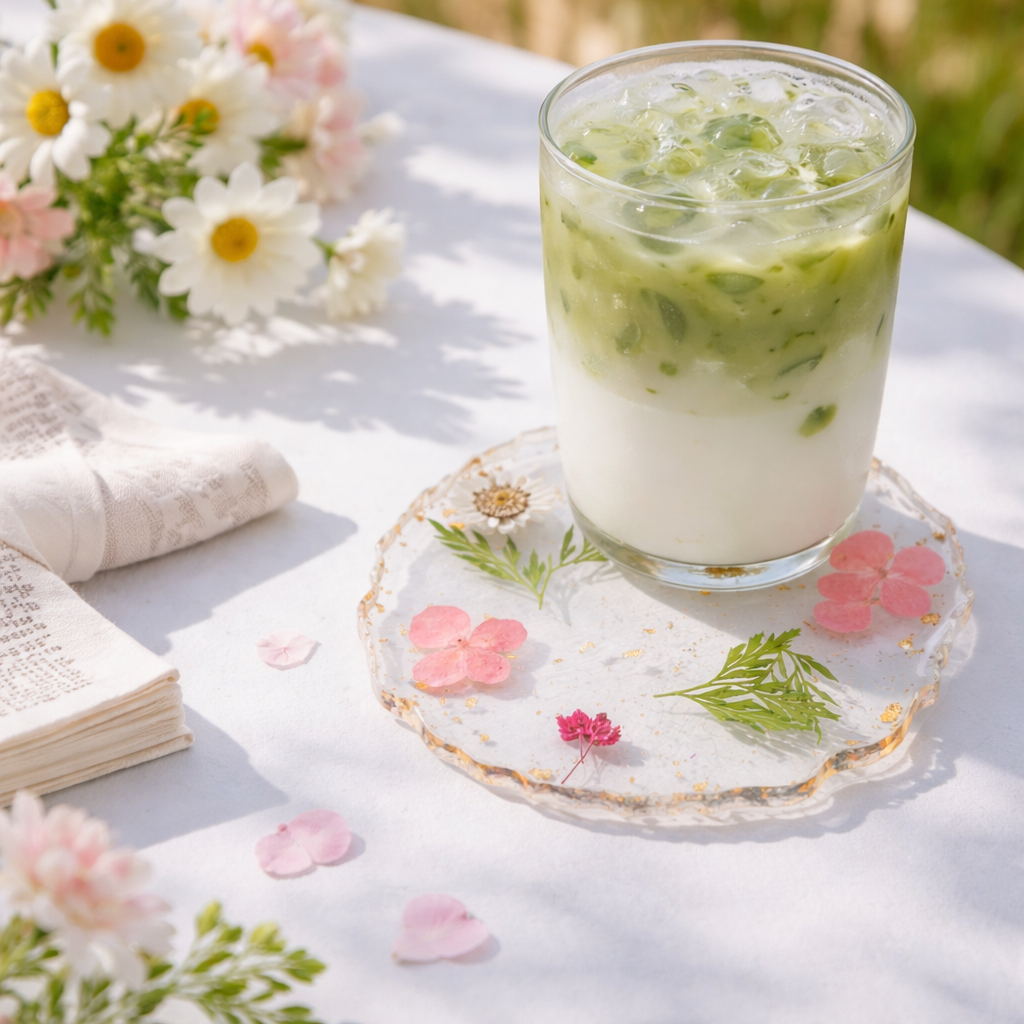 Acrylic flower coasters with embedded pink flowers and gold flecks, holding a matcha latte on a white table.