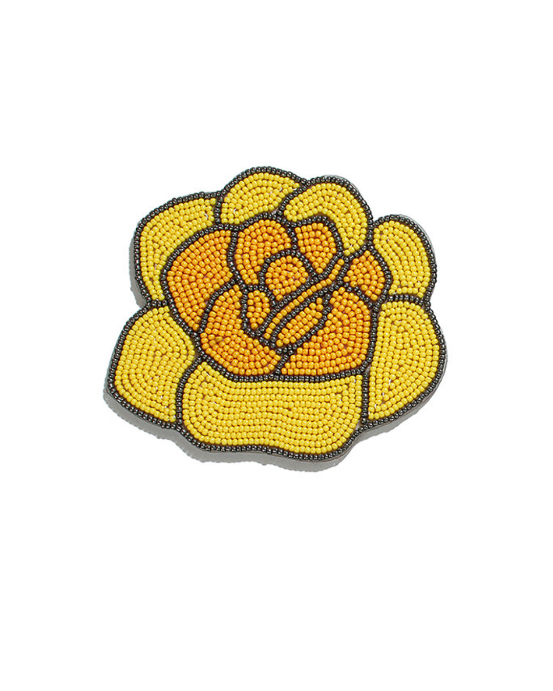 Yellow and orange beaded rose coaster shaped like a stylized flower with dark outlines.