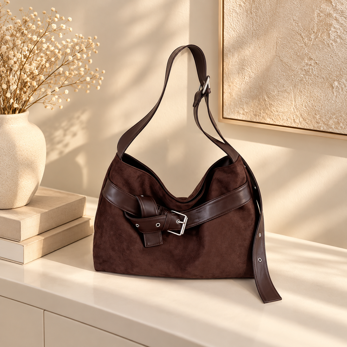 Suede Buckle Hobo Shoulder Bag