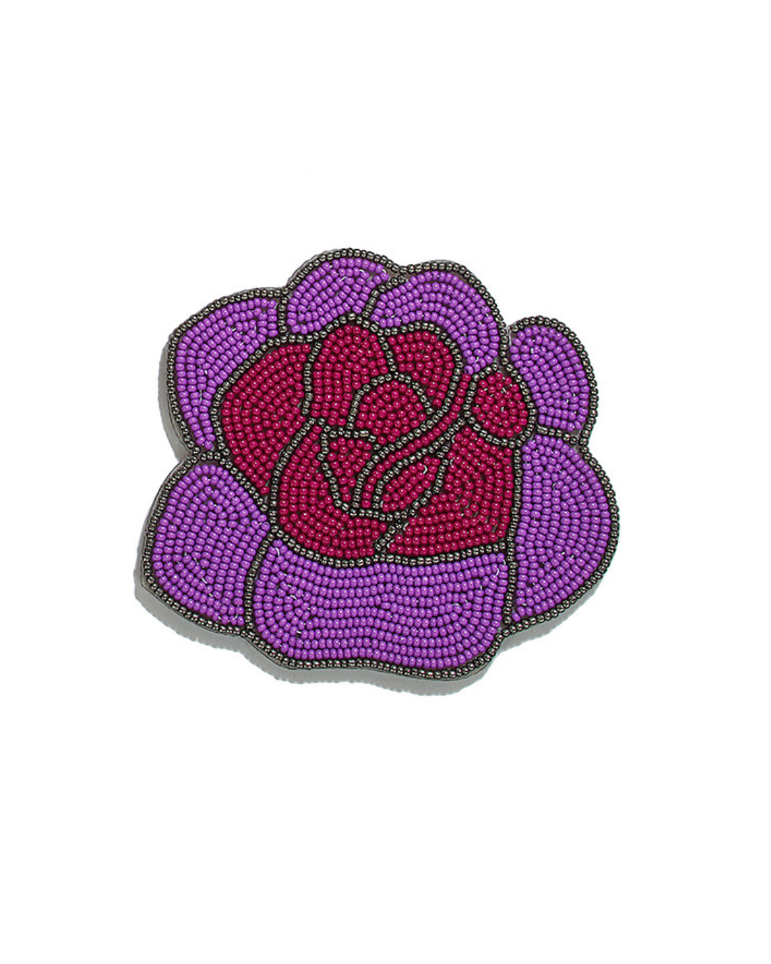 Rose-shaped beaded coaster with magenta and purple petals outlined in dark grey.