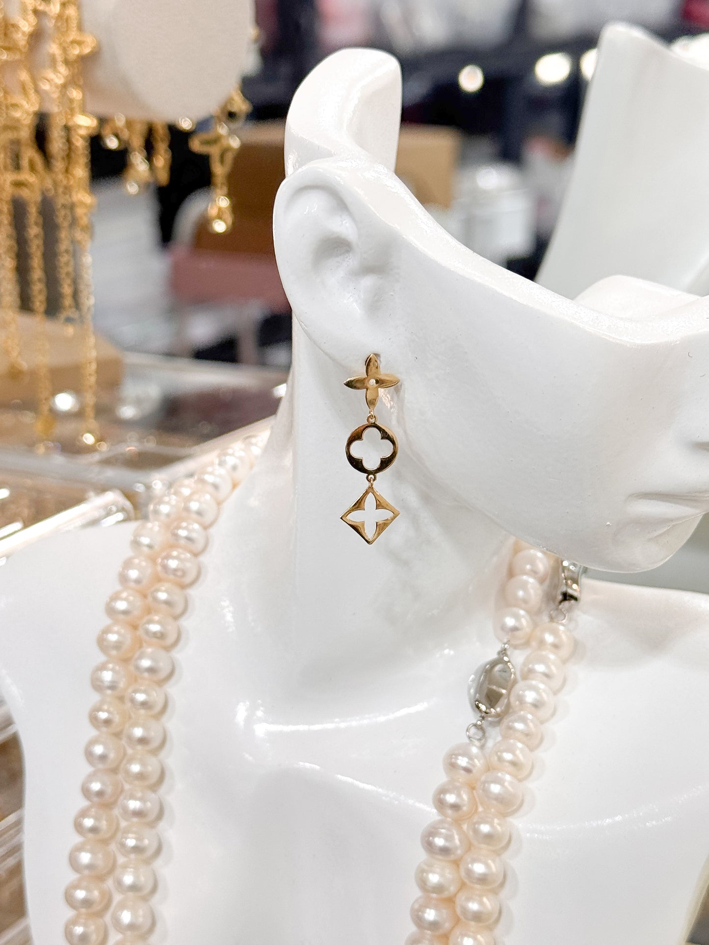 18K Genuine Gold Geometric Clover Drop Earrings