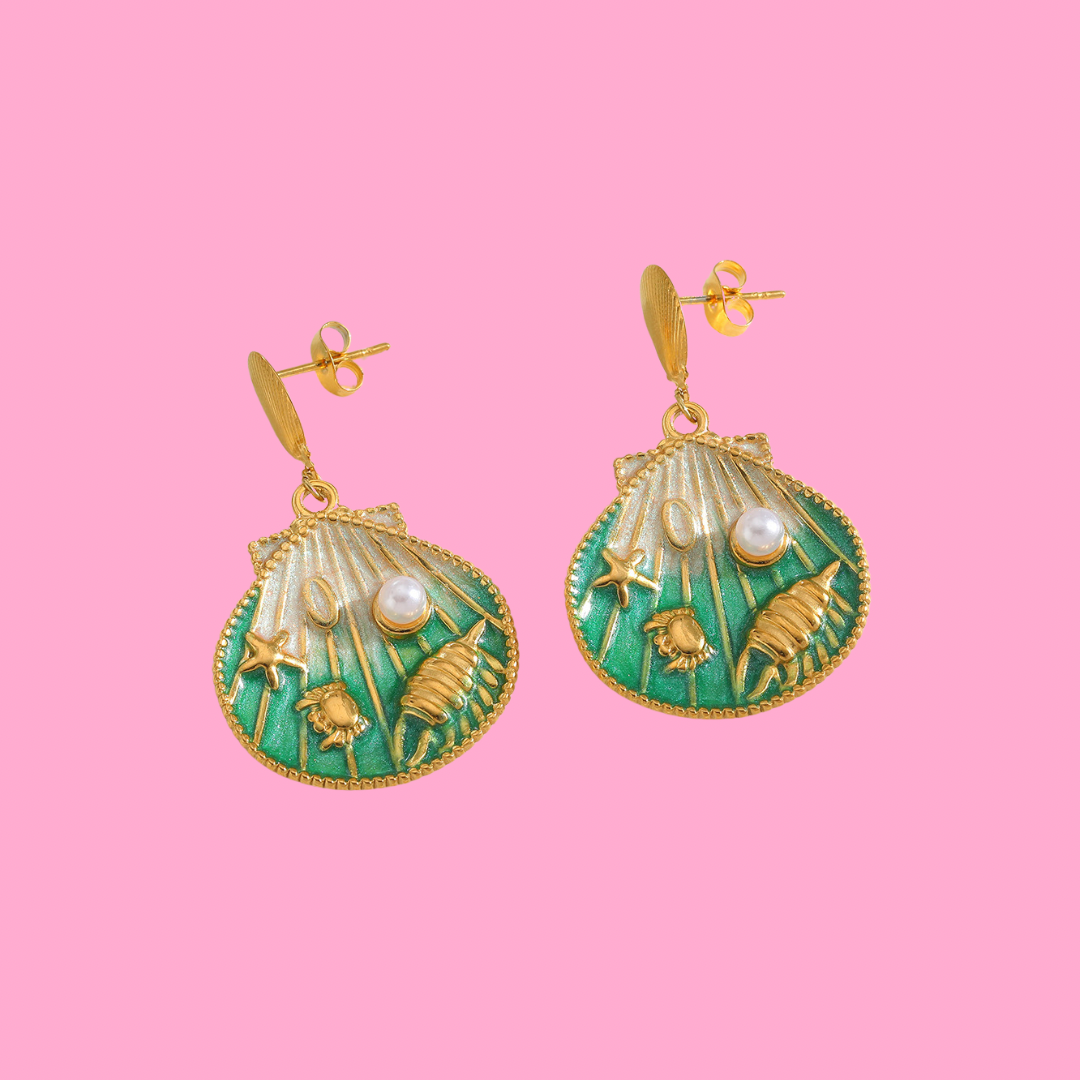 Green Coastal Shell Earrings | B-122