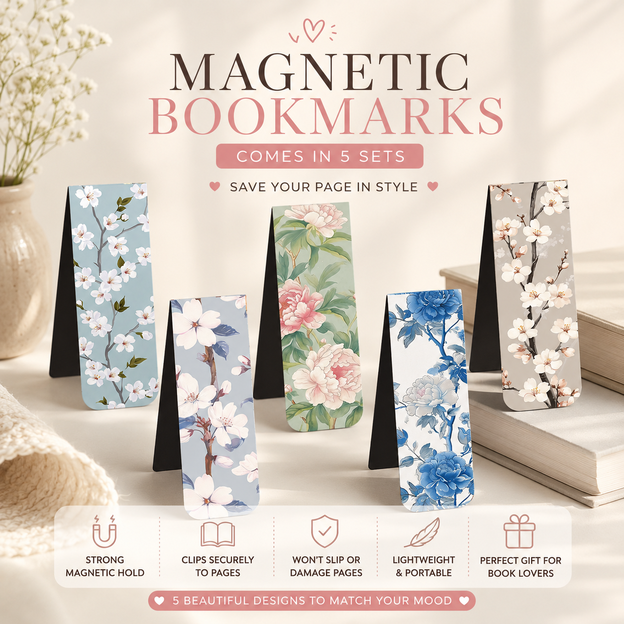 Floral Magnetic Bookmarks – 5 Piece Set