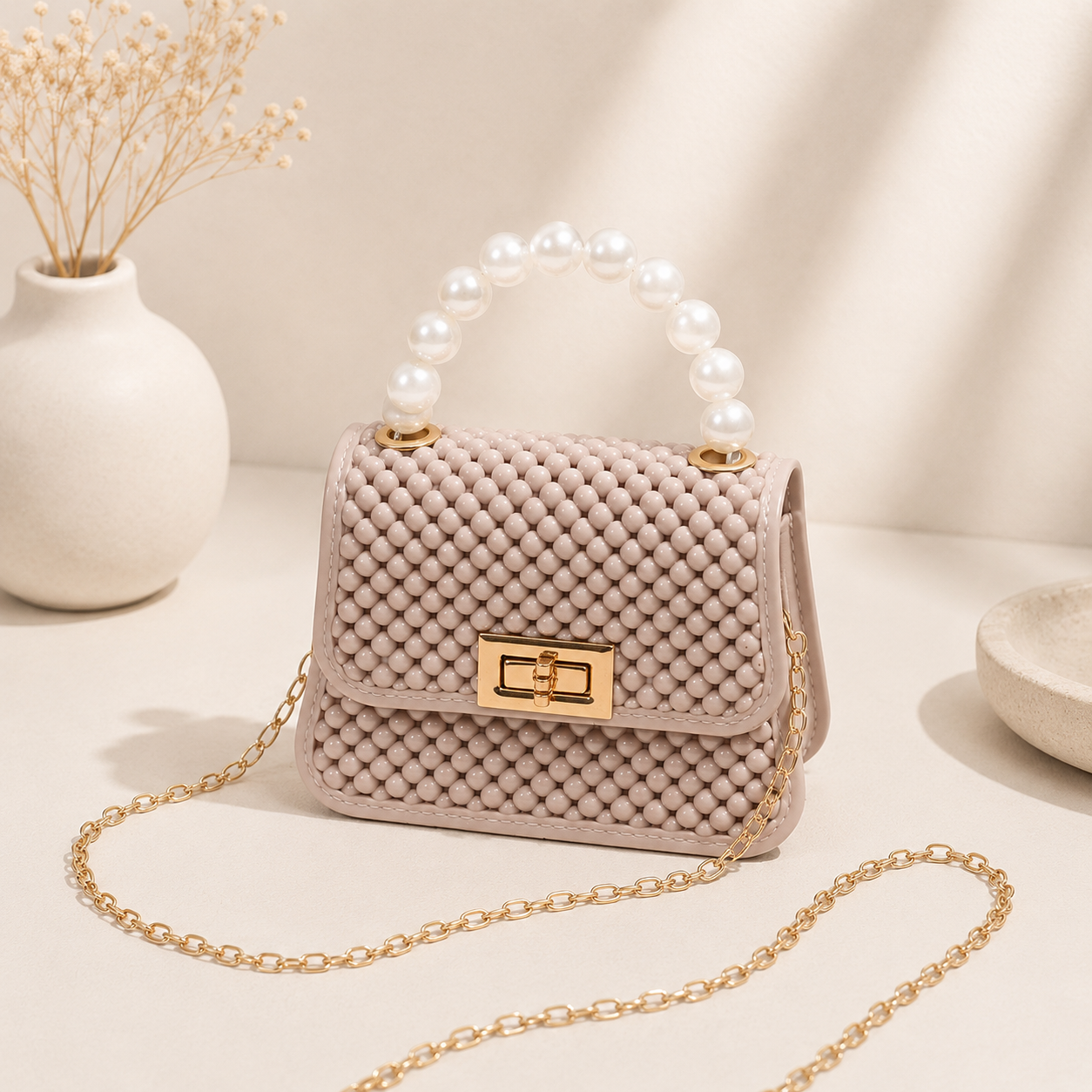 Mini pearl-embellished crossbody bag with gold chain strap and pearl top handle, front view on neutral surface with decorative vase in background