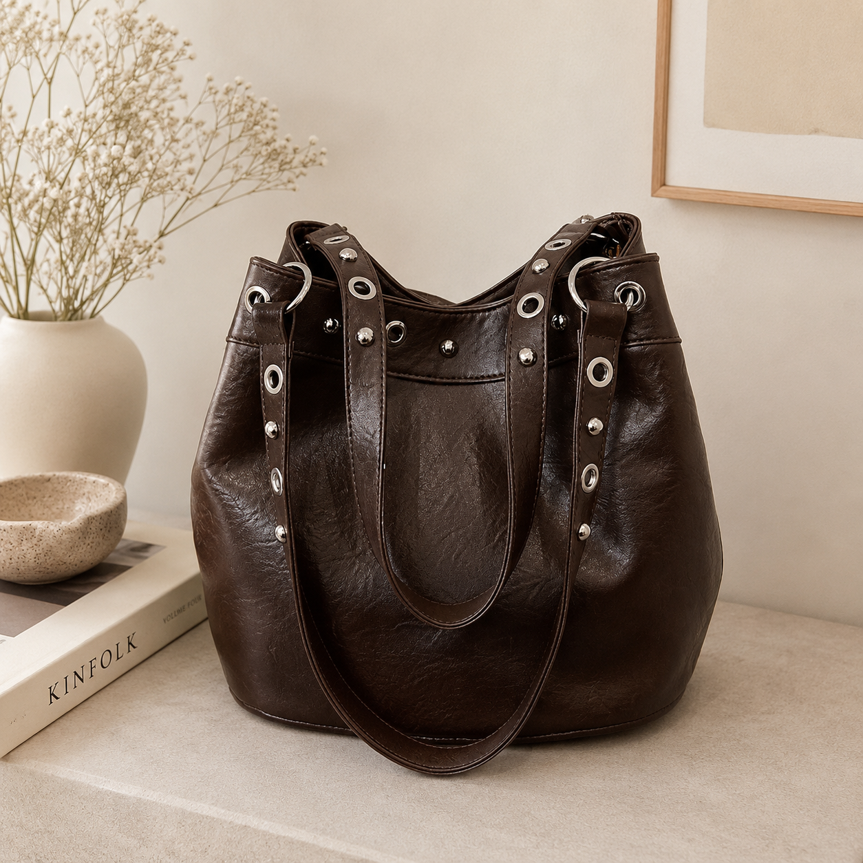 Brown Grommet Hobo Shoulder Bag – Large Everyday Purse