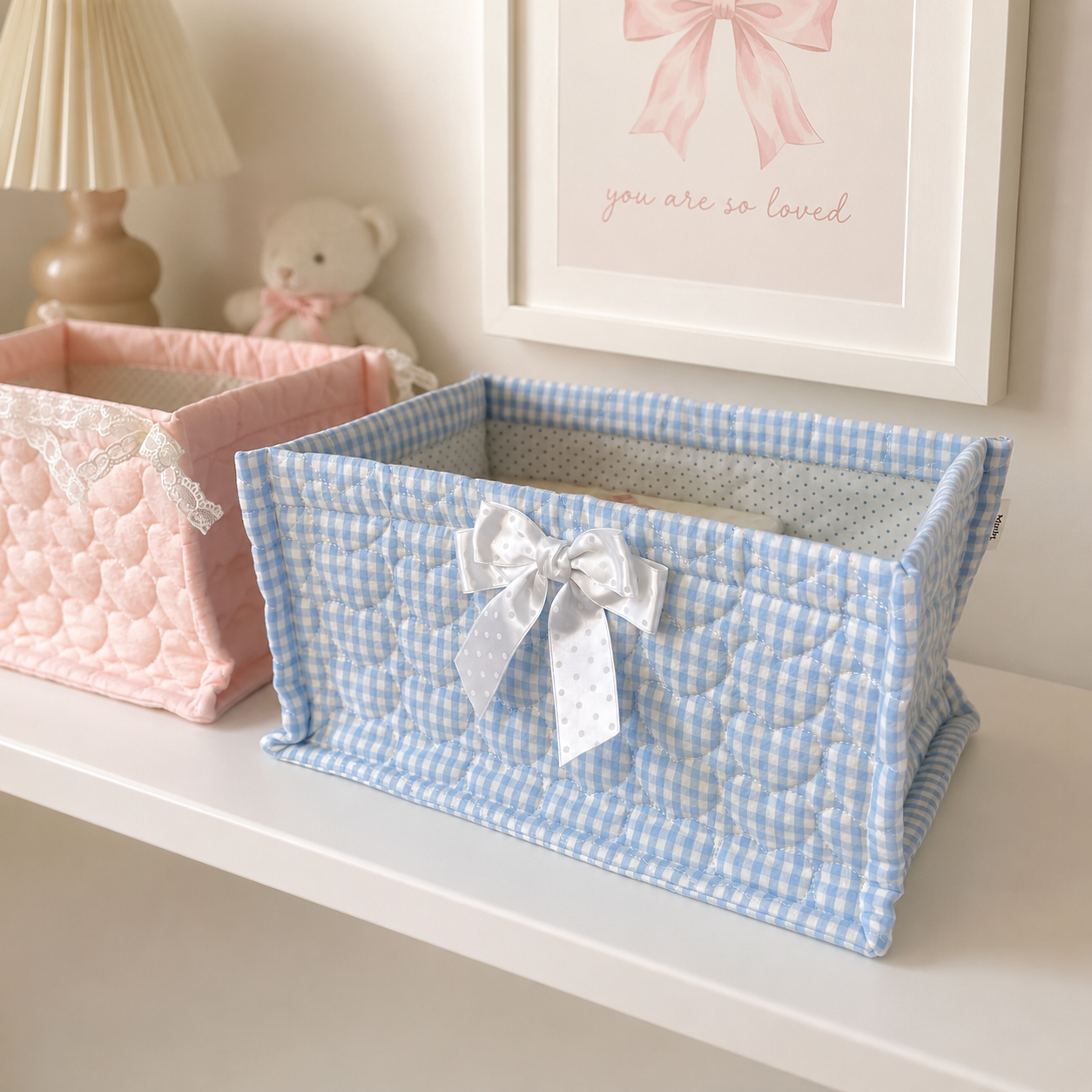 Blue Puff Heart Striped Quilted Storage Basket