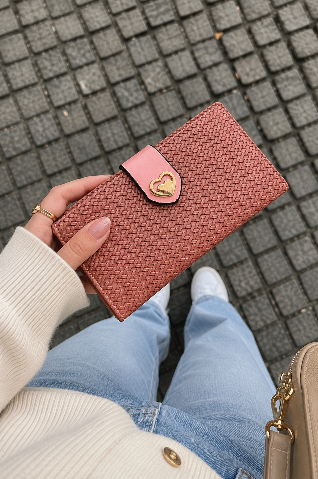 Woven Heart Snap Long Wallet