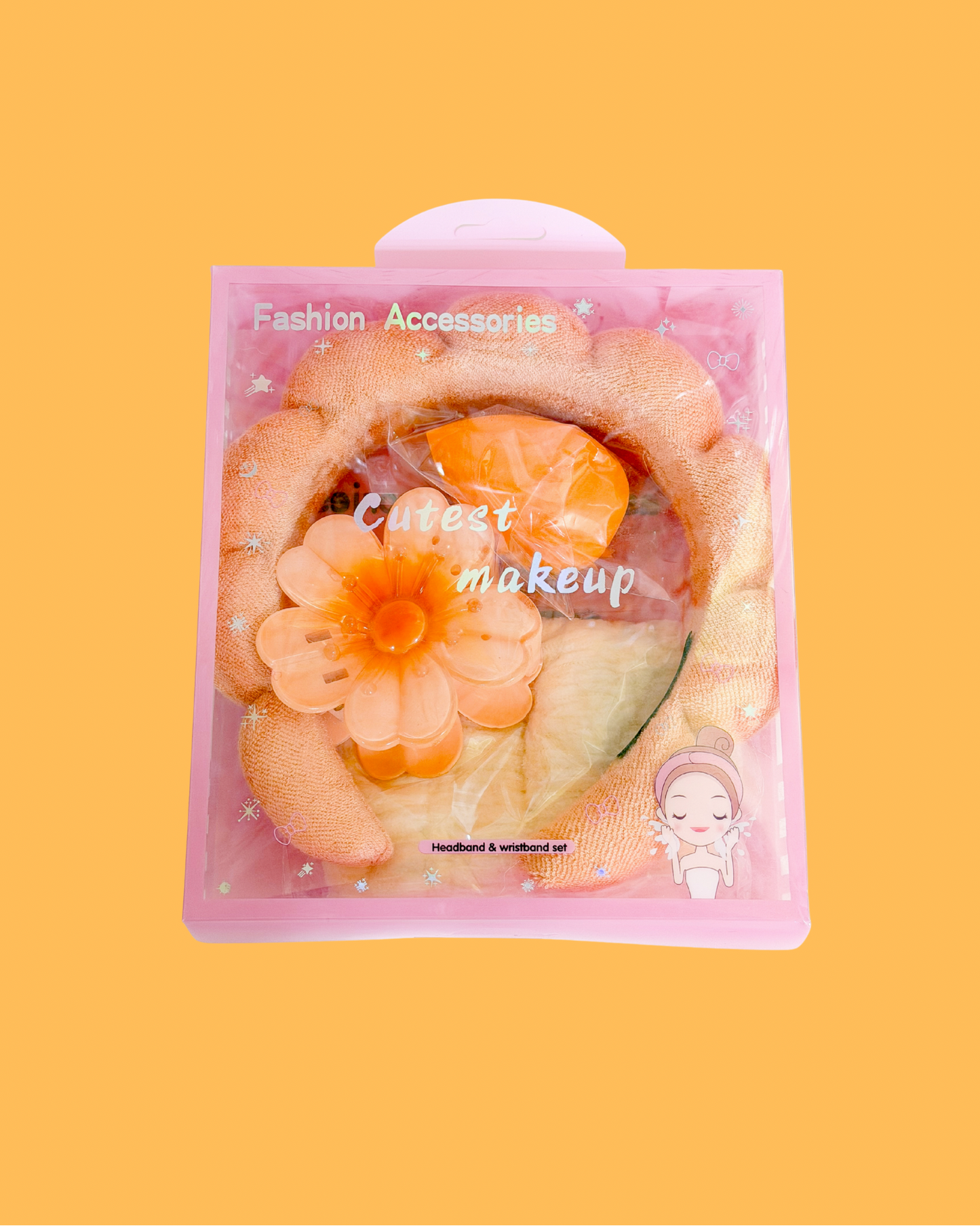 Soft peach sweetheart spa set featuring a flower headband and wristbands, presented in clear pink packaging.