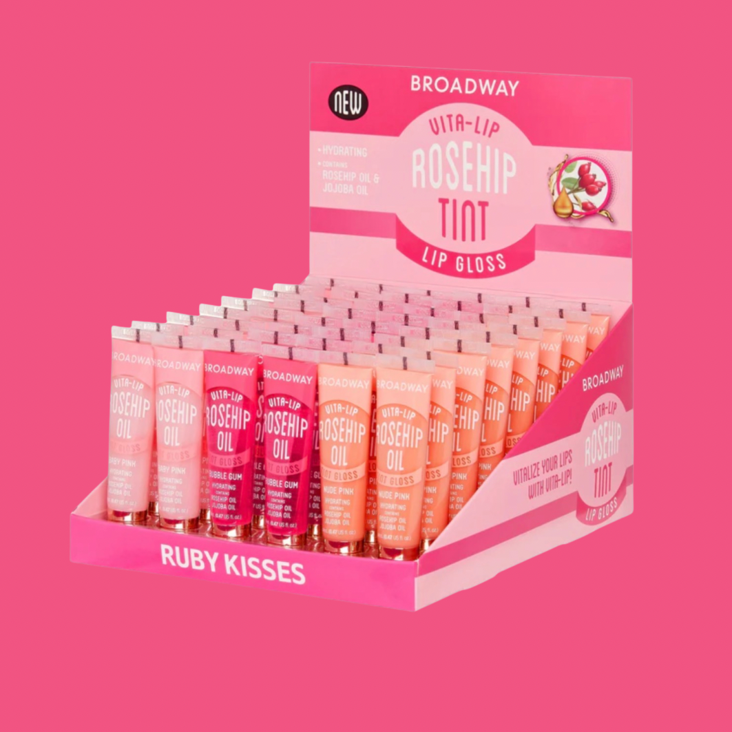 Rosehip lip gloss by Broadway, displayed in a point-of-sale cardboard box with multiple color options.