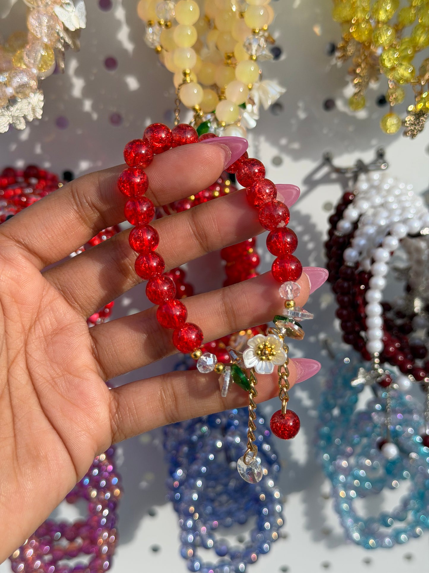Red Daisy Crystal Charm Beaded Bracelet