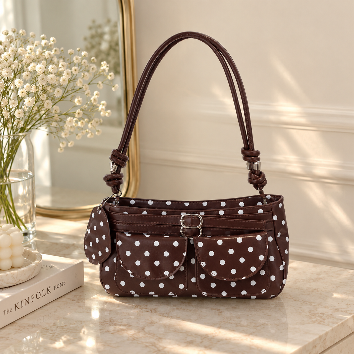 Retro Polka Dot Pocket Shoulder Bag