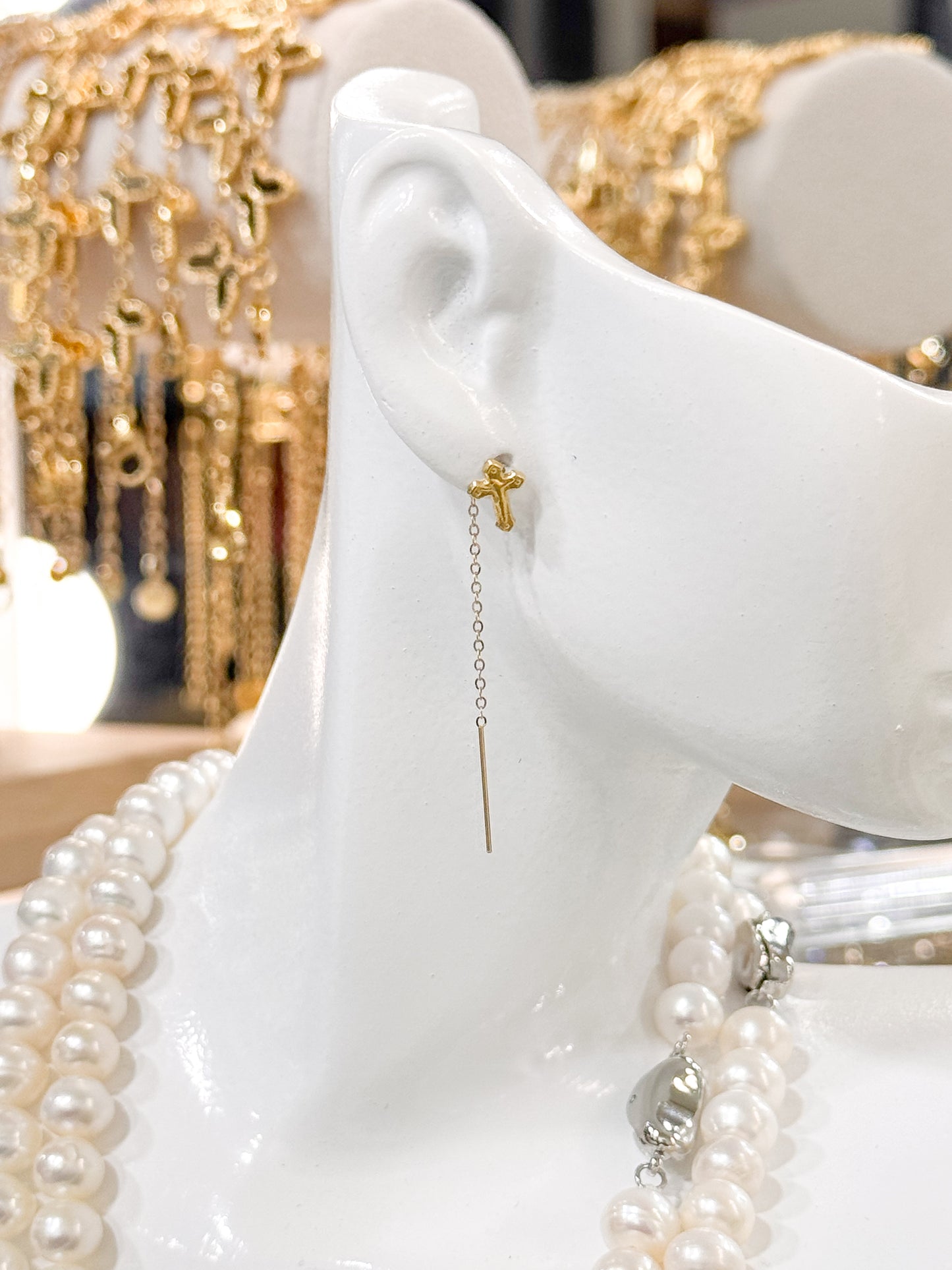 18K Genuine Gold Cross Threader Earrings