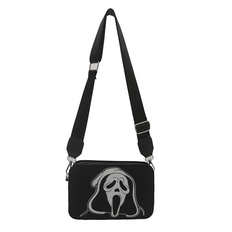 👻 Halloween Ghost Face Crossbody Bag – Black Horror-Inspired Zipper Shoulder Purse with Adjustable Strap