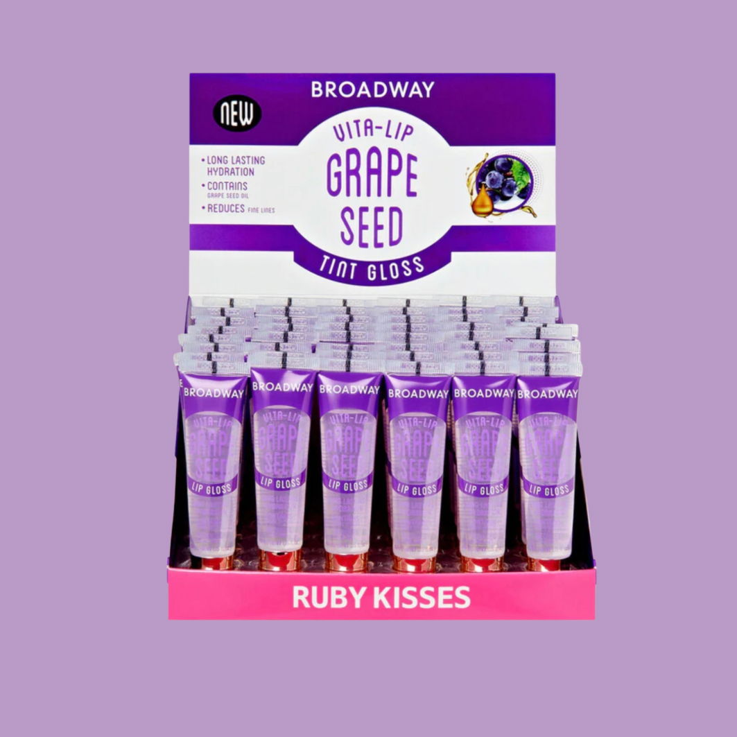 Grapeseed lip gloss by Broadway in packaging with a display case and grape graphic.