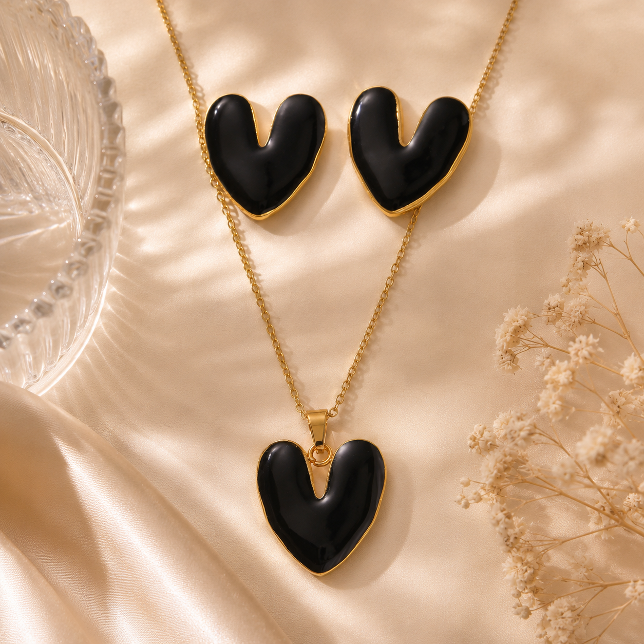 Black Enamel Heart Jewelry Set | Tarnish Resistant