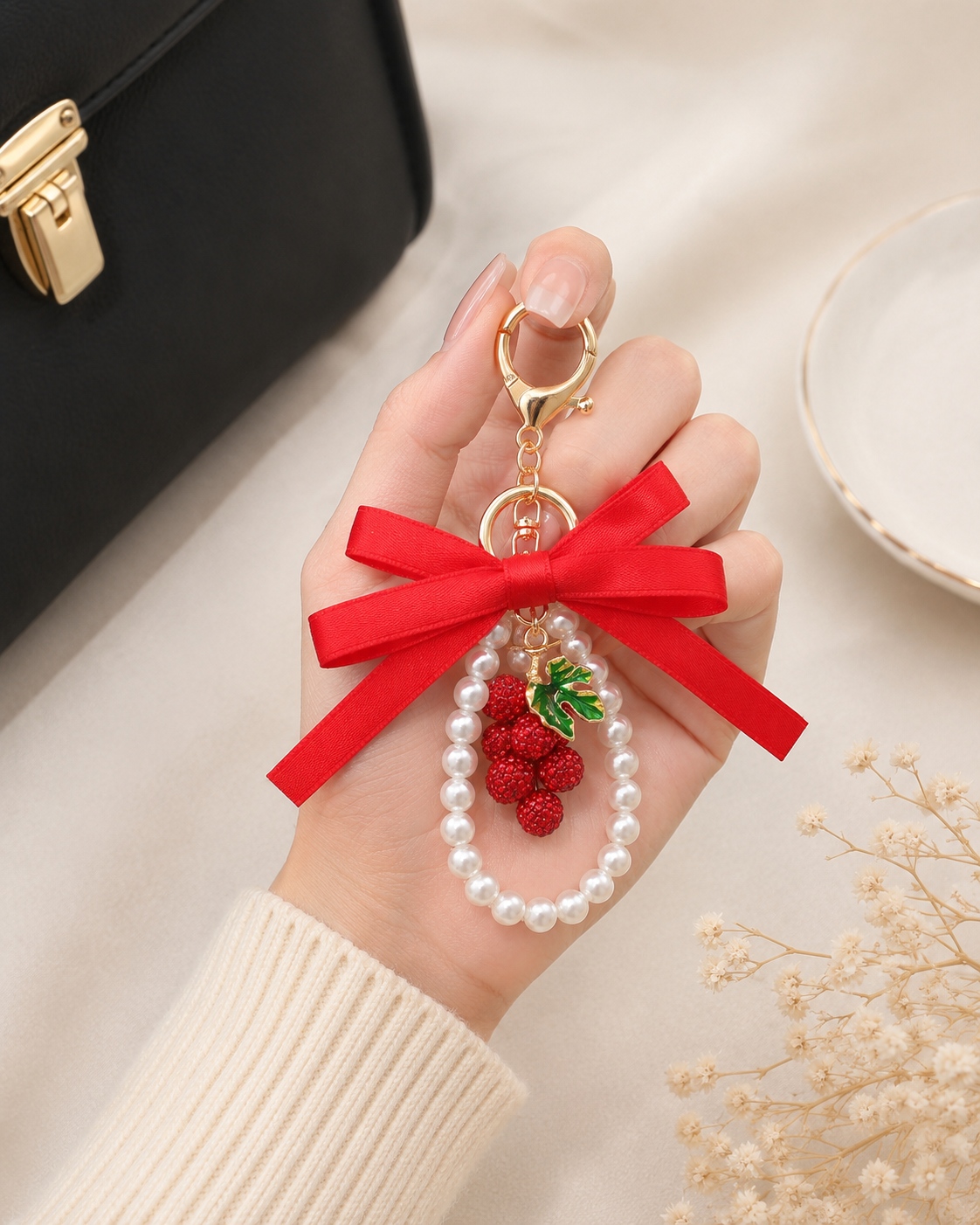 Red Bow Pearl Cherry Bag Charm