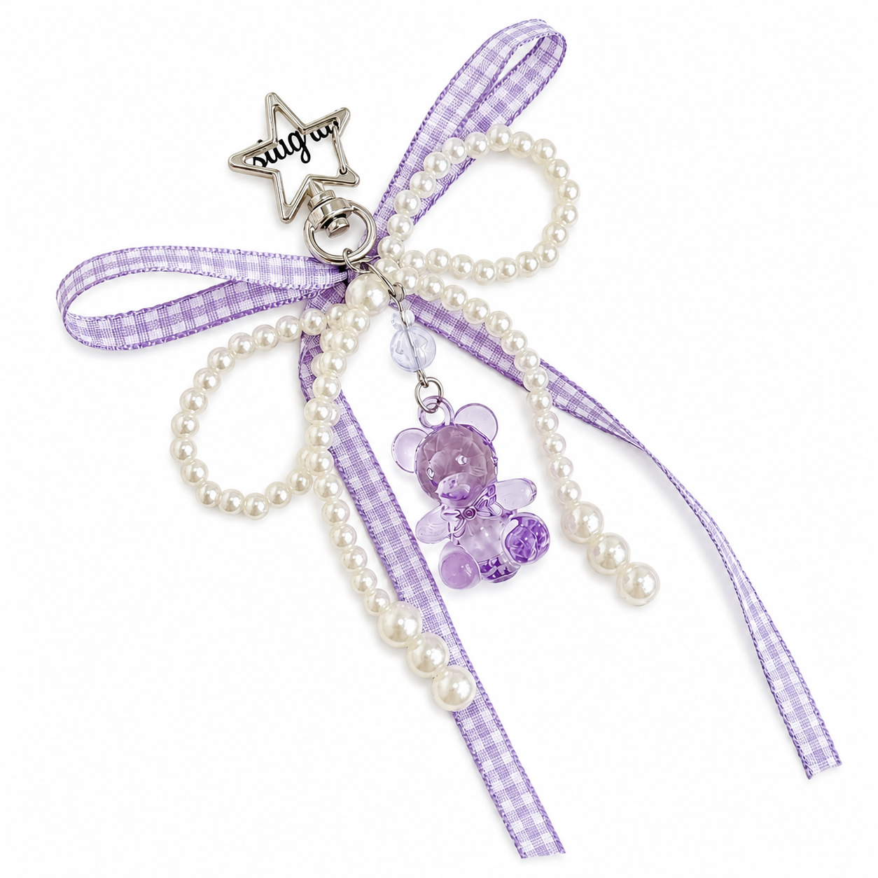 Gingham Bow Pearl Teddy Bear Bag Charm