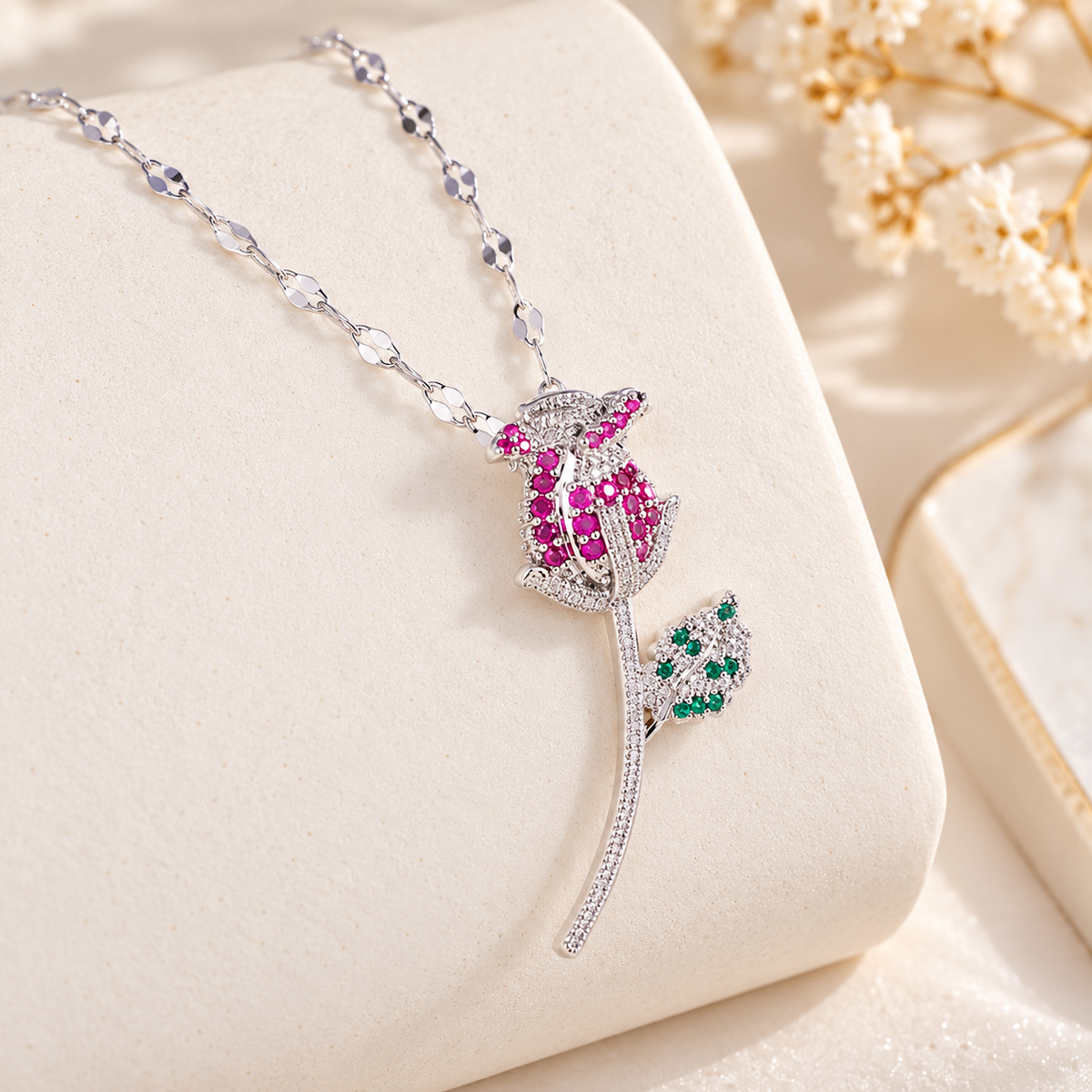 Pink Crystal Rose Necklace