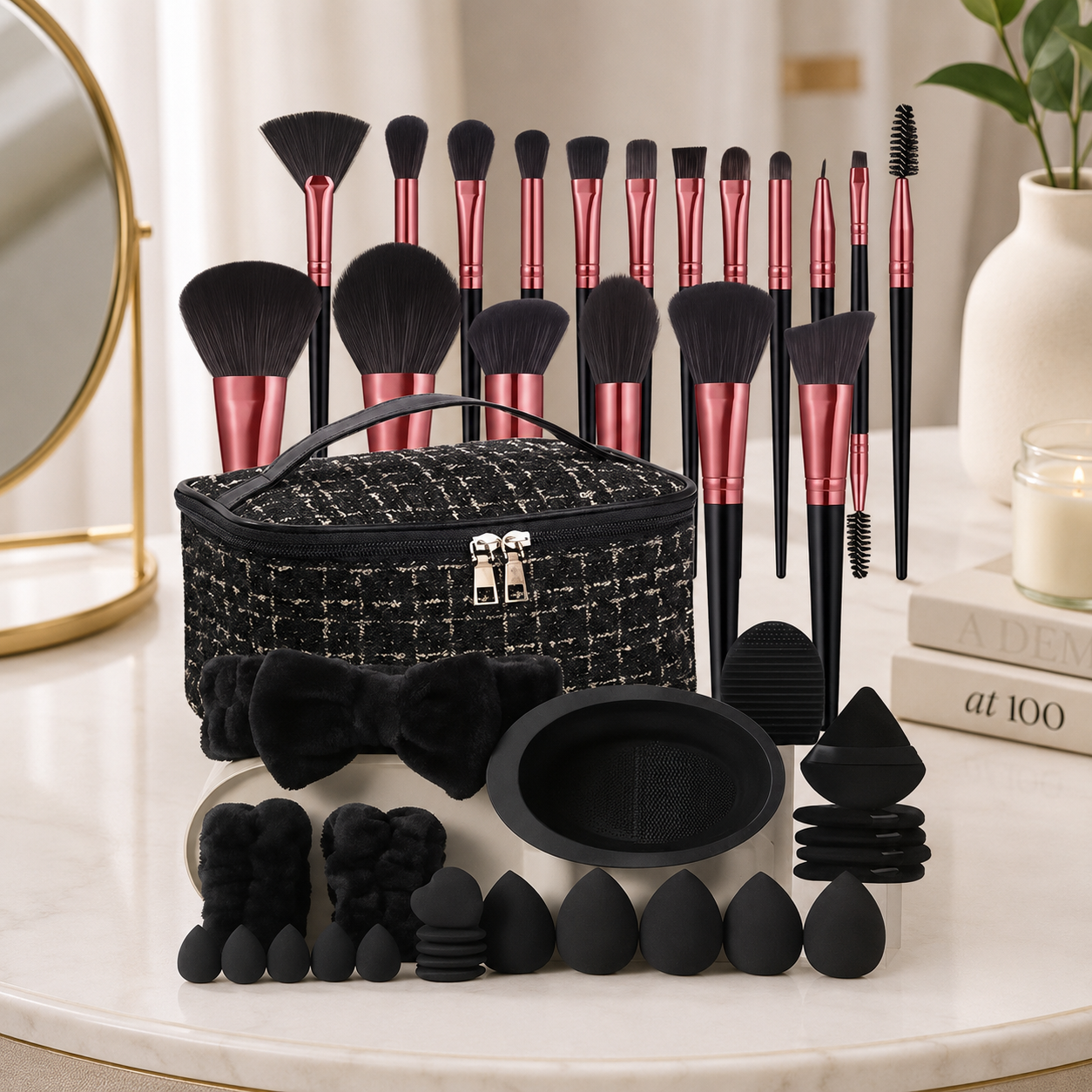 Complete Makeup Brush & Sponge Set with Cosmetic Bag – 44 Piece