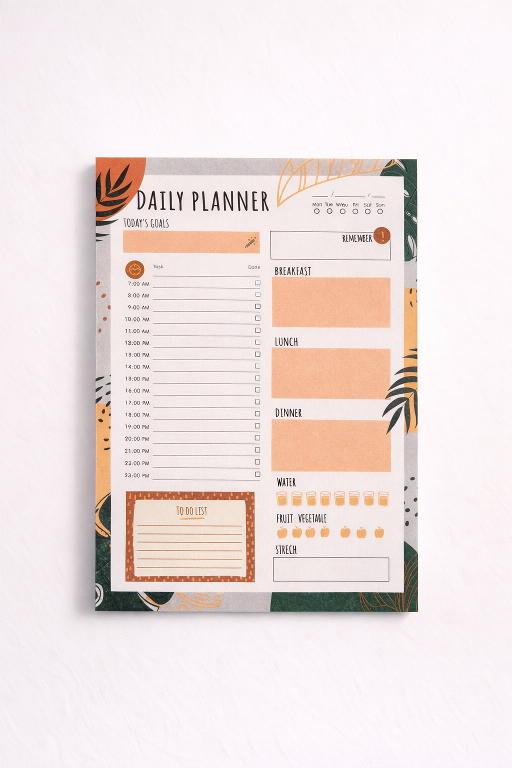 Orange and green tropical leaf daily planner with sections for tasks, meals, water, and goals.