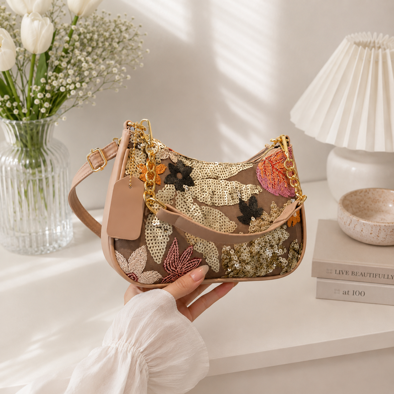 Embroidered Floral Sequin Shoulder Bag
