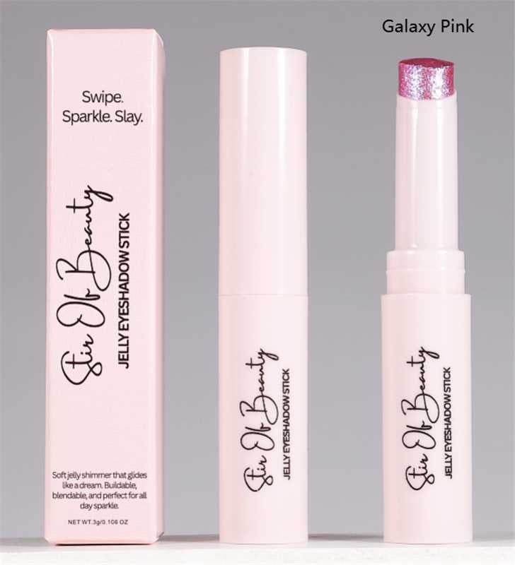 Stir Of Beauty Jelly Eyeshadow Stick in shade Galaxy Pink, shown with packaging and the stick extended to reveal a pink shimmer finish.