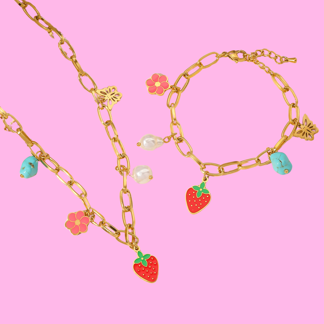 Strawberry Charm Necklace And Bracelet
