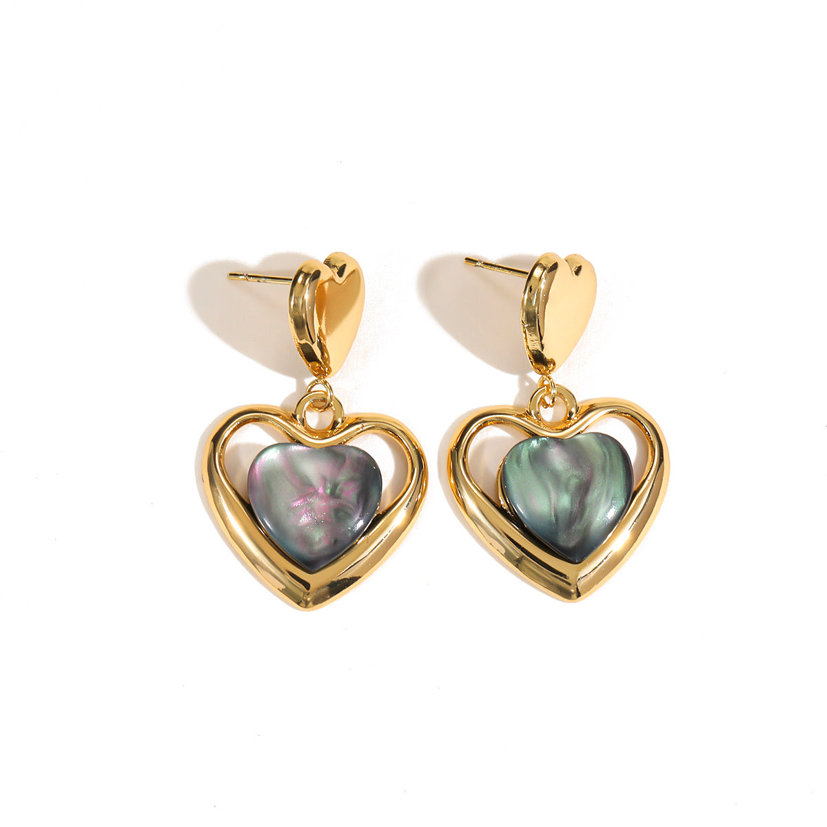 Gold Heart Drop Earrings with Iridescent Heart Stone ๐โจ