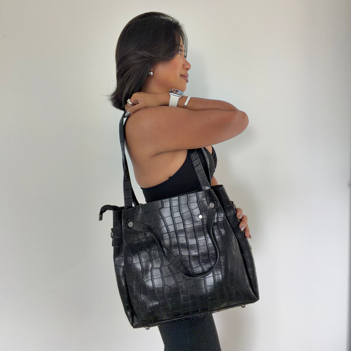 Oversized Faux Leather Crocodile Tote