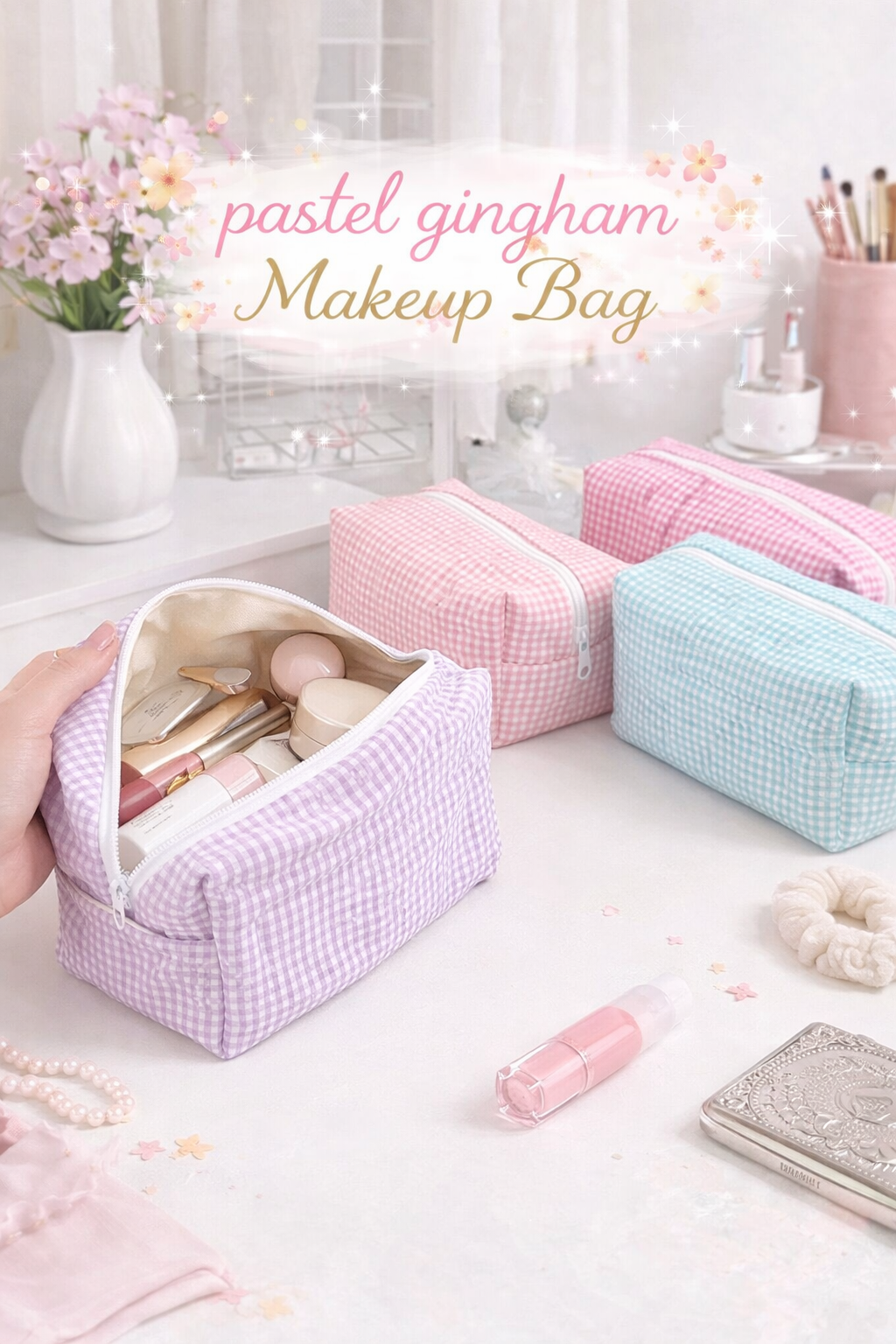 Pastel gingham makeup bags in purple, pink, and blue, with one open and filled with cosmetics, displayed on a white desk.