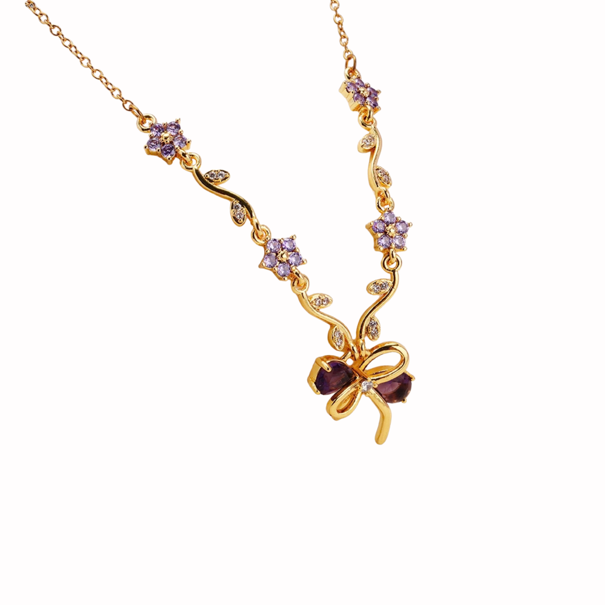 Crystal Bow & Floral Vine Pendant Necklace