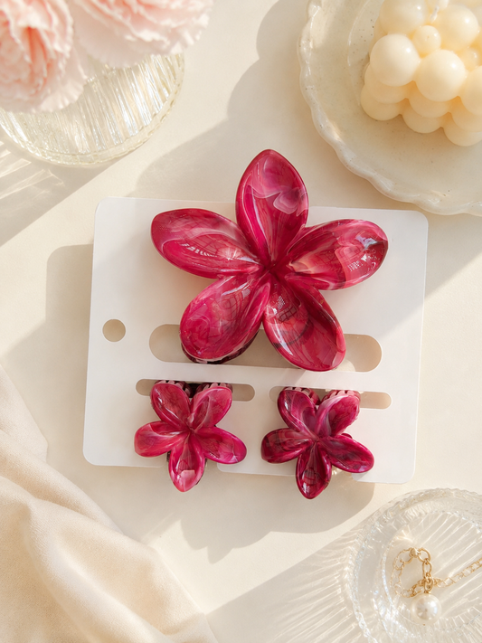 3 Piece Wine Red Marble Flower Hair Clip Set