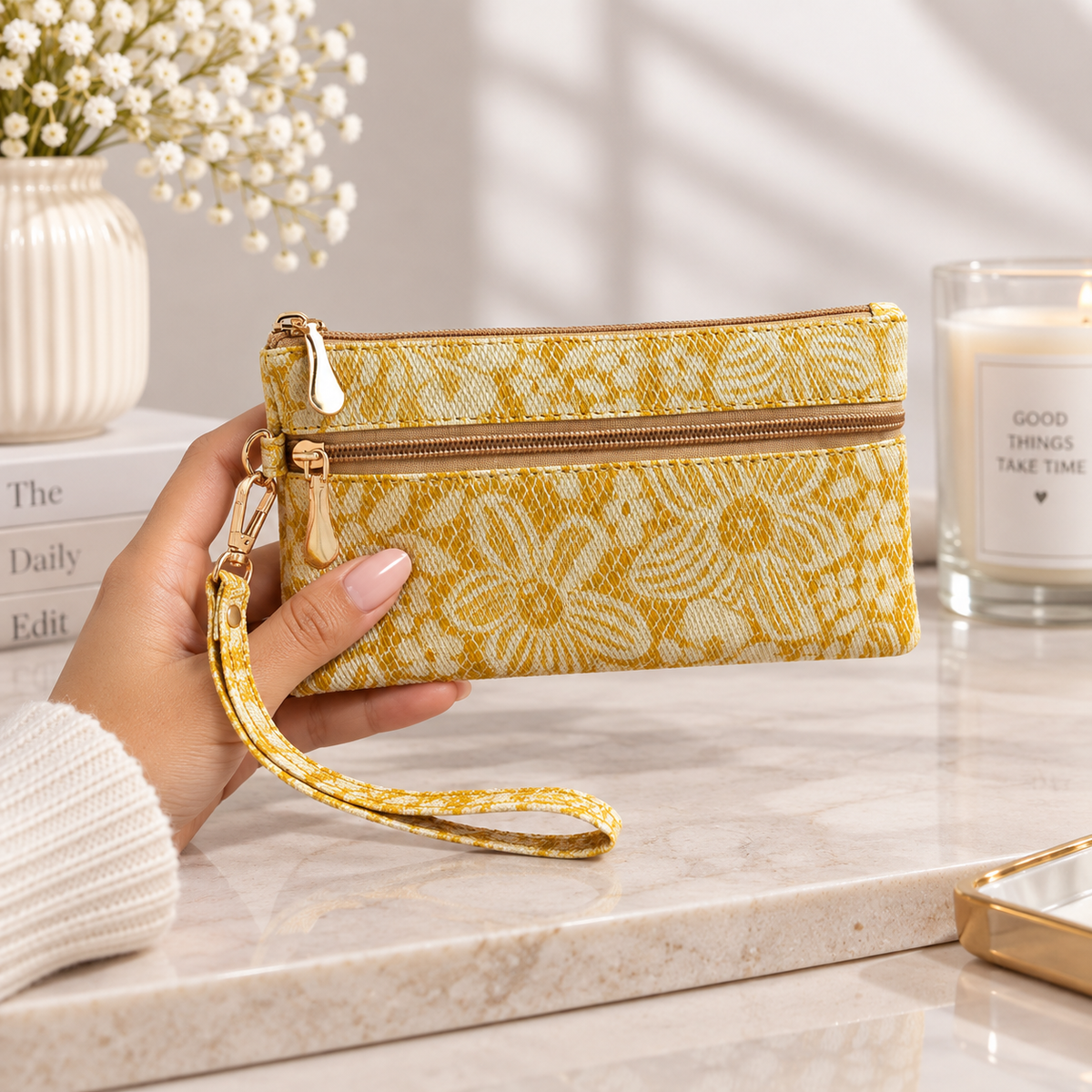 Floral Double Zipper Wristlet Wallet