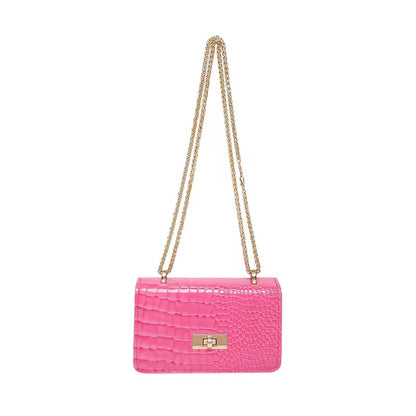 Pink crocodile-embossed shoulder bag by Melloworld with a gold chain strap and gold clasp.