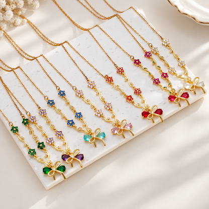 Crystal Bow & Floral Vine Pendant Necklace