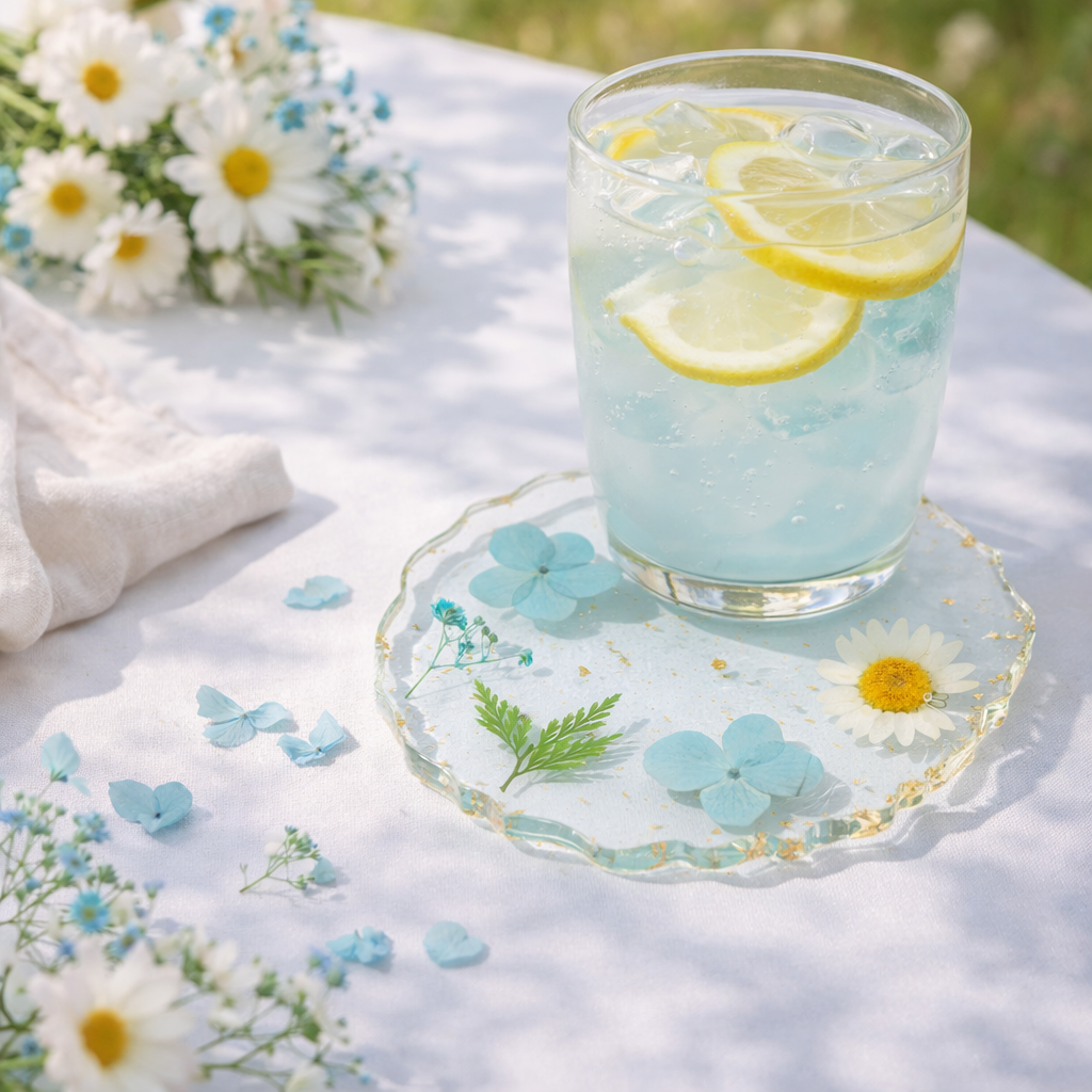 Clear acrylic flower coasters with embedded blue flowers, a green fern, and gold flakes, holding a lemonade glass.