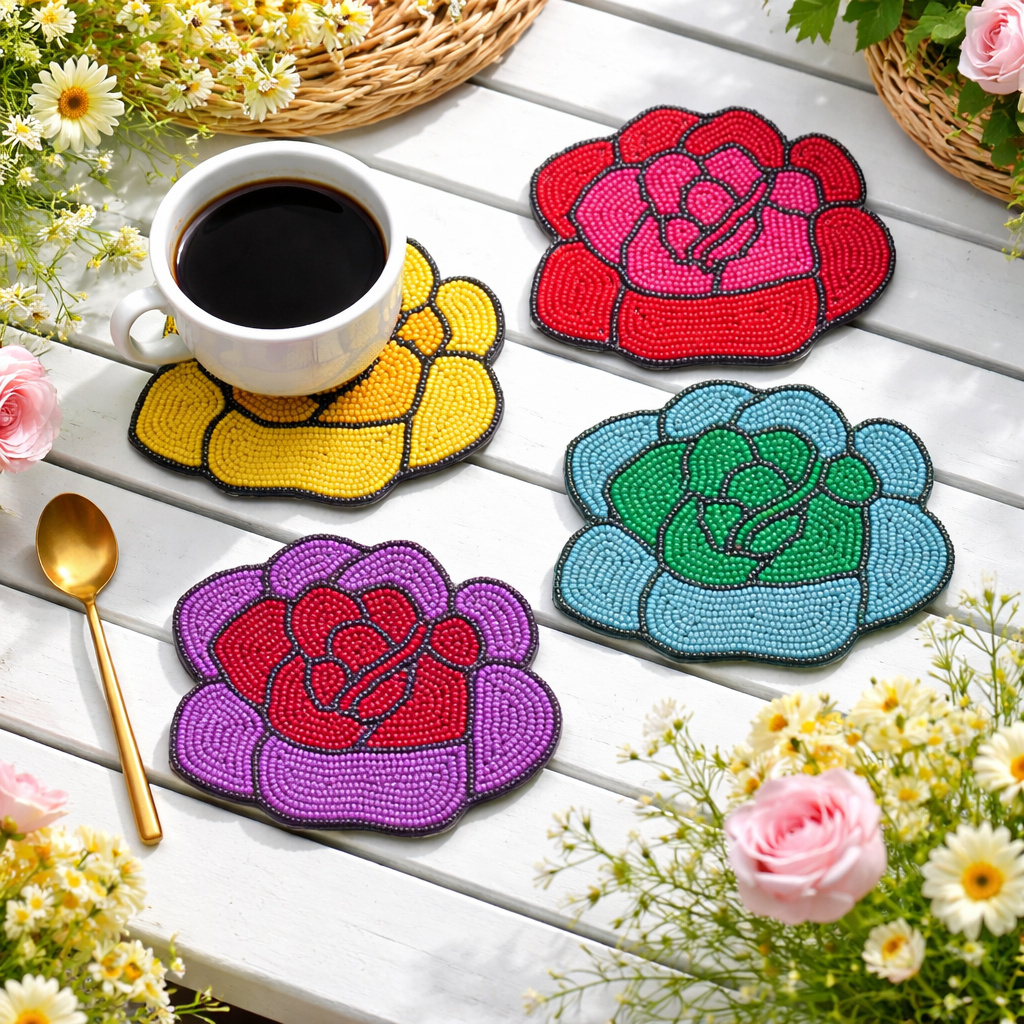 Colorful rose-shaped beaded coasters in yellow, pink, blue, and purple, arranged on a white table with coffee and flowers.