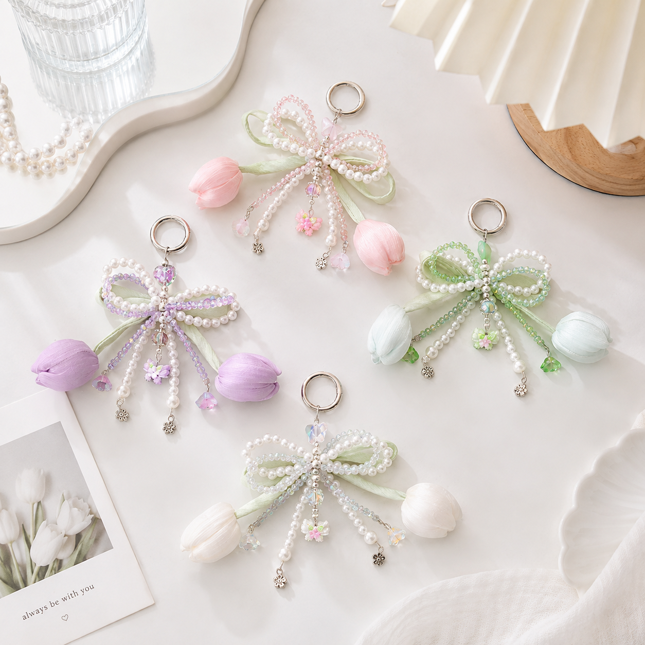 Beaded Pearl Bow Tulip Bag Charm