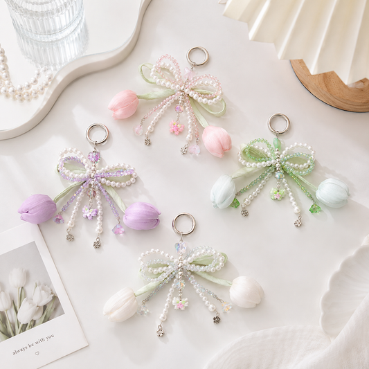 Beaded Pearl Bow Tulip Bag Charm