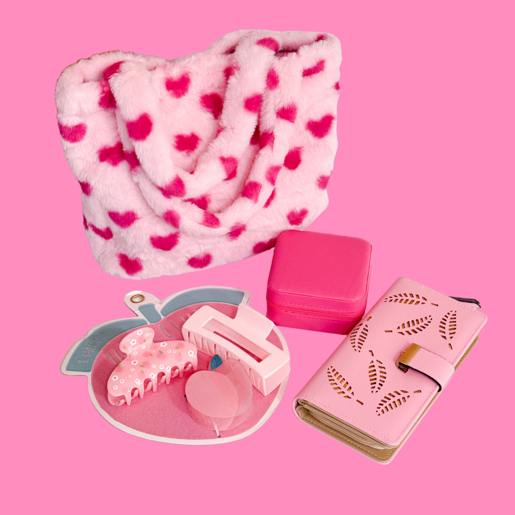 Pink Valentine gift set including a pink heart-pattern plush tote bag, large pink wallet, pink zip travel jewelry box, and three-piece pink hair clip set.
