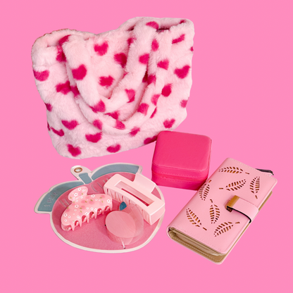 Pink Valentine gift set including a pink heart-pattern plush tote bag, large pink wallet, pink zip travel jewelry box, and three-piece pink hair clip set.