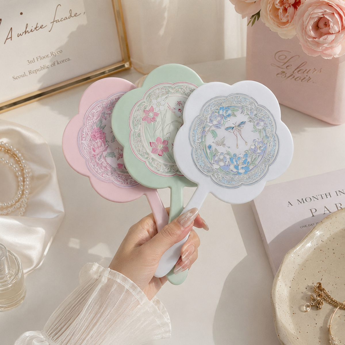Vintage Floral Flower Shaped Handheld Mirror