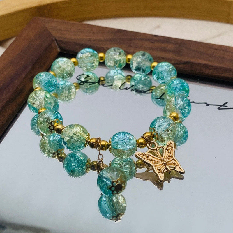 Gold Crackle Glass Butterfly Charm Bracelet