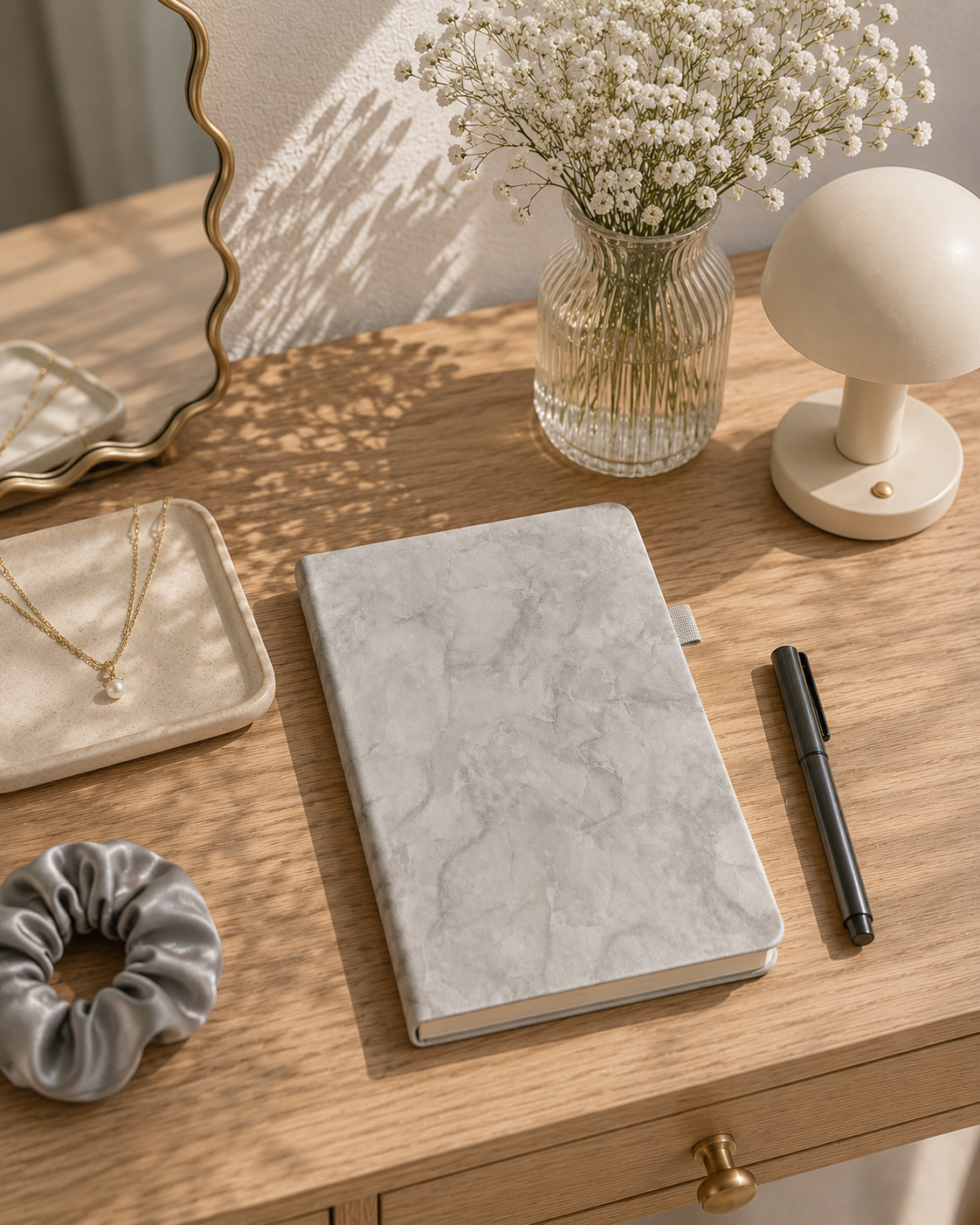 Gray marble-patterned journal with textured cover on wooden desk, surrounded by vase of white flowers, black pen, and silver scrunchie, lifestyle view