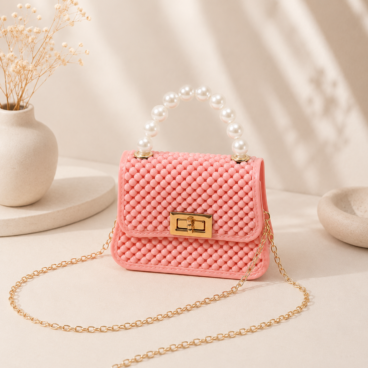 Pink beaded mini crossbody bag with pearl top handle and gold chain strap, front view