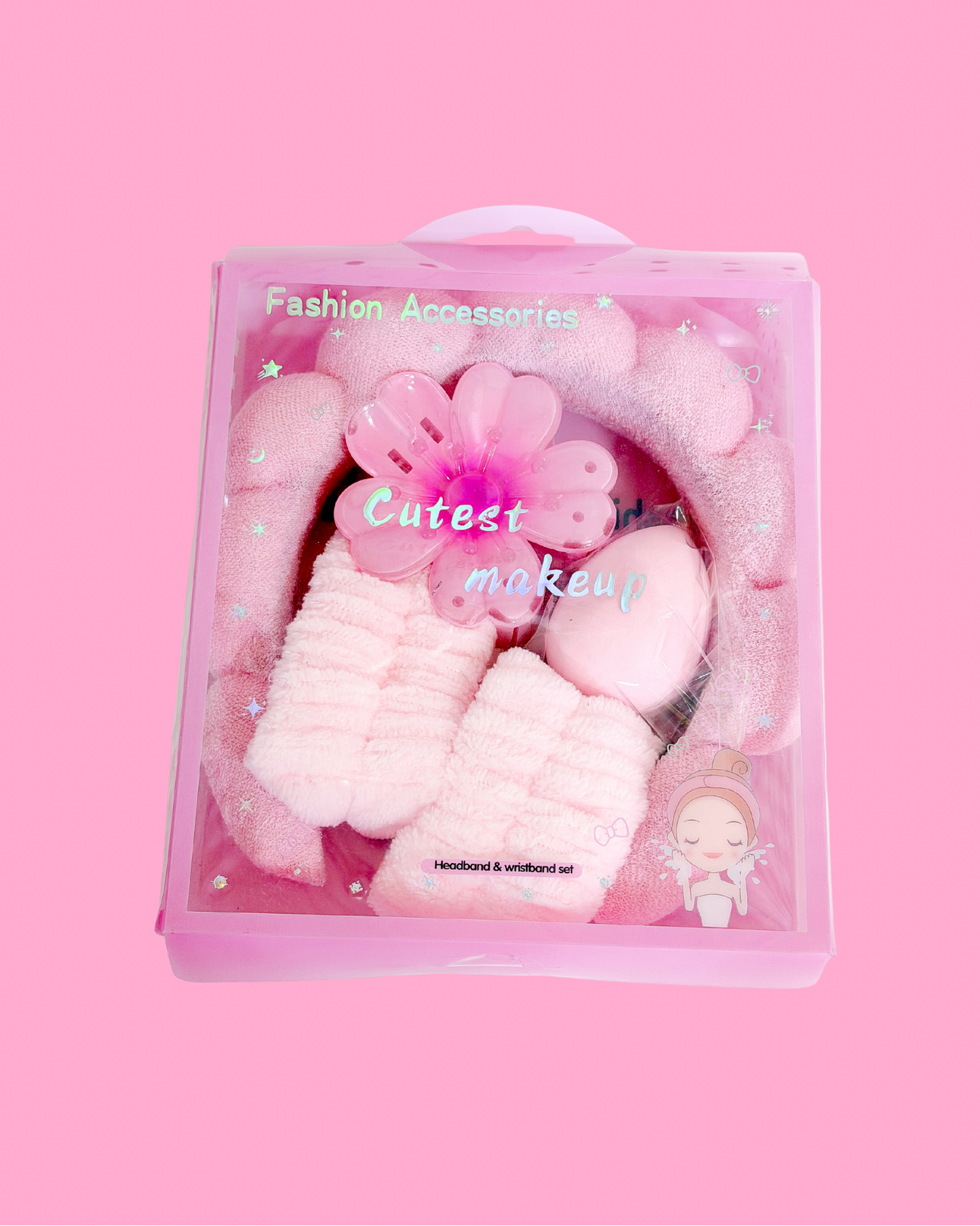 Pink fluffy Sweetheart Spa Set in a clear box, including a headband, wristbands, flower clip, and makeup sponge.