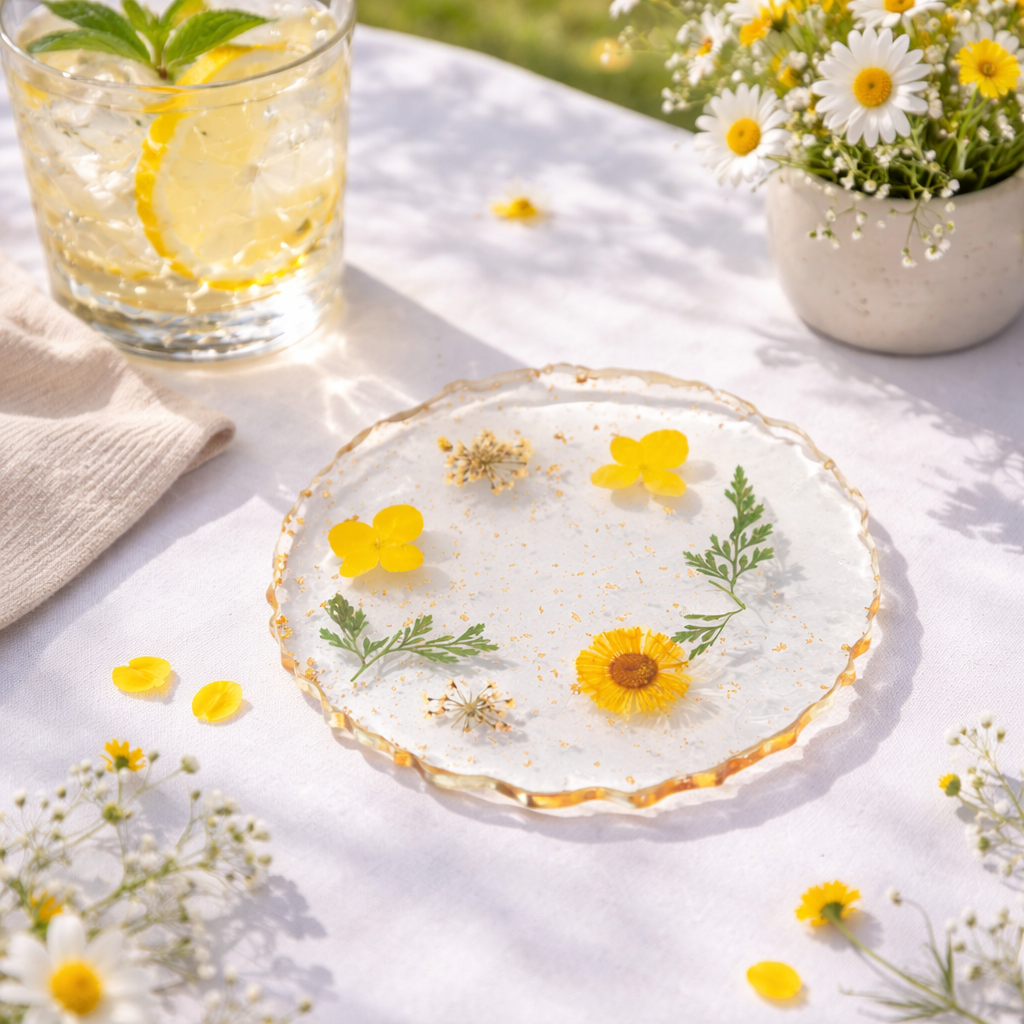 Clear acrylic flower coaster with wavy edge, embedded yellow pressed flowers, green leaves, and gold flakes, on a white table.