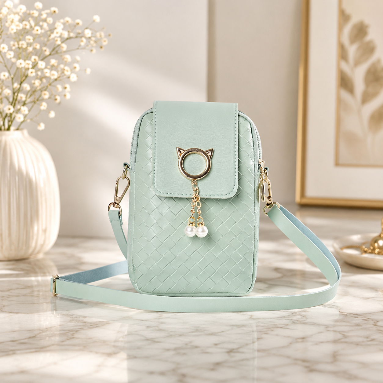 Mint green woven phone crossbody pouch featuring a gold cat head ring with hanging pearl charms, on a marble surface.