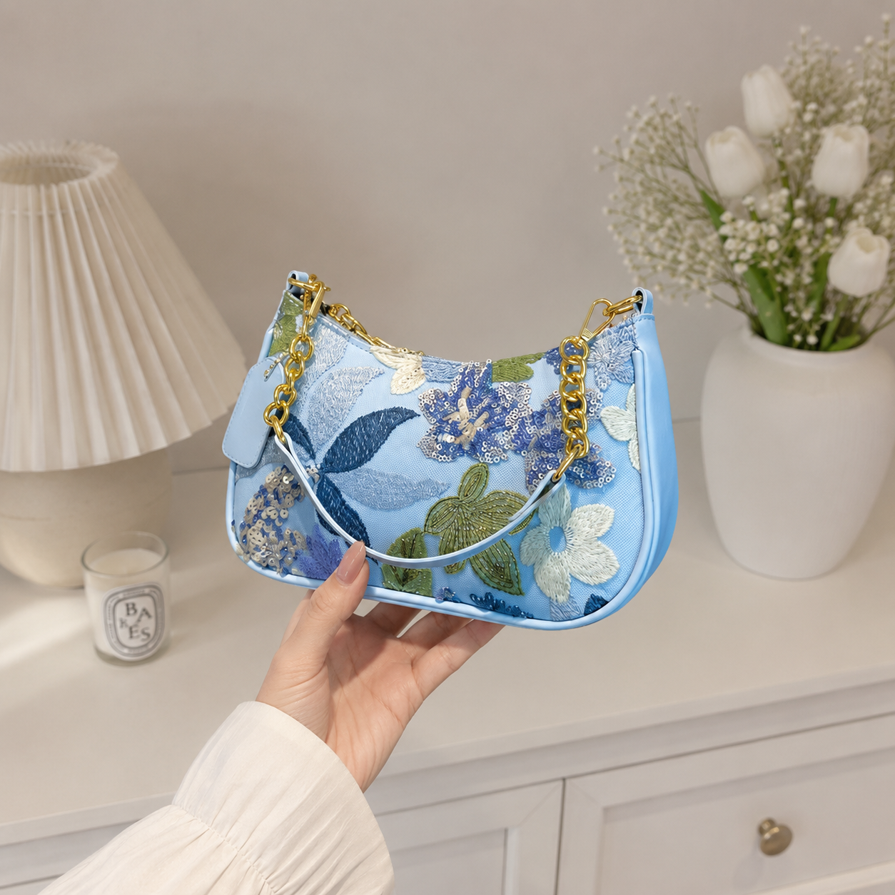 Embroidered Floral Sequin Shoulder Bag
