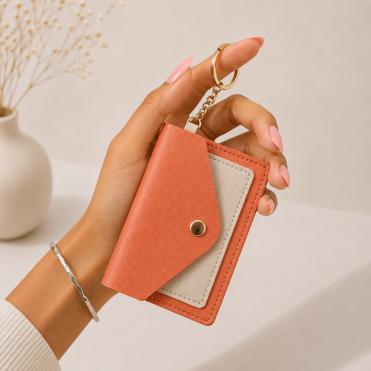 Terracotta leather snap card holder with beige interior and gold-tone chain, held in hand with pink nails and silver bracelet, side view.